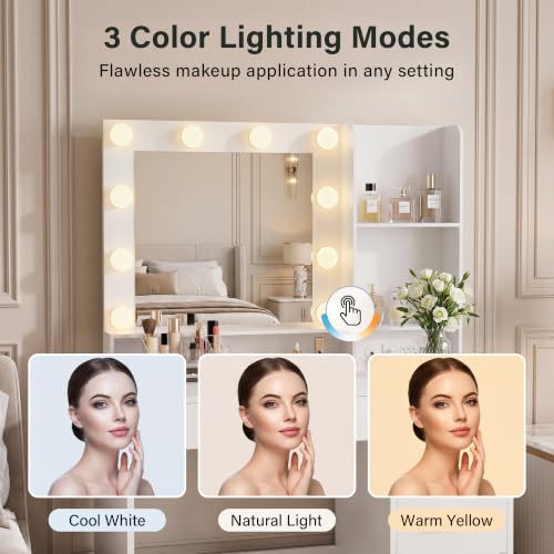 Image of YESHOMY 39 inch Vanity Desk with Mirror & Lights, Makeup Vanity Table with Power Outlet & Storage Drawers, 3 Color LED Lighting, Dressing Table for Bedroom,Modern White