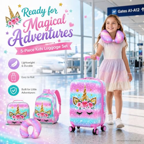 Image of CCJPX 5Pcs Kids Luggage for Girls, 16 inch Travel Suitcase Set with Spinner Wheels, Unicorn Hardside Carry on Toddler Rolling Suitcase Airline Approved (Pink)