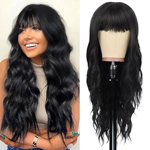 Black Wig with Bangs Long Black Wavy Wig for Women Synthetic Curly Wigs Natural Hair Replacement Wigs for Daily Party Use (26 Inches)