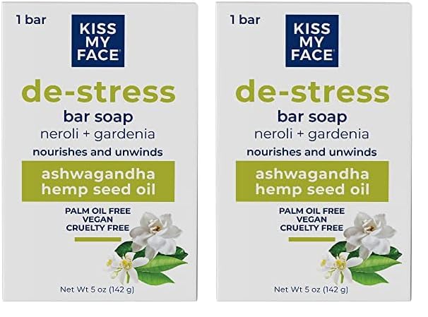 Kiss My Face De-Stress Bar Soap - Neroli + Gardenia - Vegan Soap Bar with Hemp Seed Oil - Cruelty Free and Palm Oil Free Bath Soap (Neroli + Gardenia, Pack of 2)