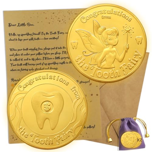 Tooth Fairy Gifts for Boys & Girls,Tooth Fairy Coins Keepsake Kit, Golden Coins with Tooth Pouch,Letter from Tooth Fairy (2pcs)