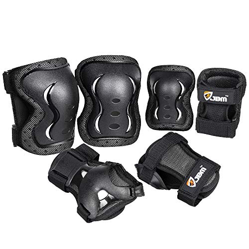 JBM Juego de rodilleras protectoras para niños y adultos, para ciclismo, patinaje, rodillas, coderas, muñecas, tamaño ajustable, apto para monopatín, ciclismo, mini bicicleta (negro, mediano)