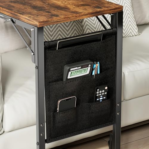 Image of Folding TV Tray Table, Small Folding Side Table with Storage Bag, Portable C Shaped End Stand for Couch Sofa Bed, Rustic Brown
