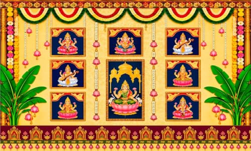 Image of laxmi Devi Backdrop Cloth |Traditional Ashta Lakshmi & Ganesha Divine Gallery Pooja Backdrop 5x8 Feet | varamahalakshmi Pooja Background