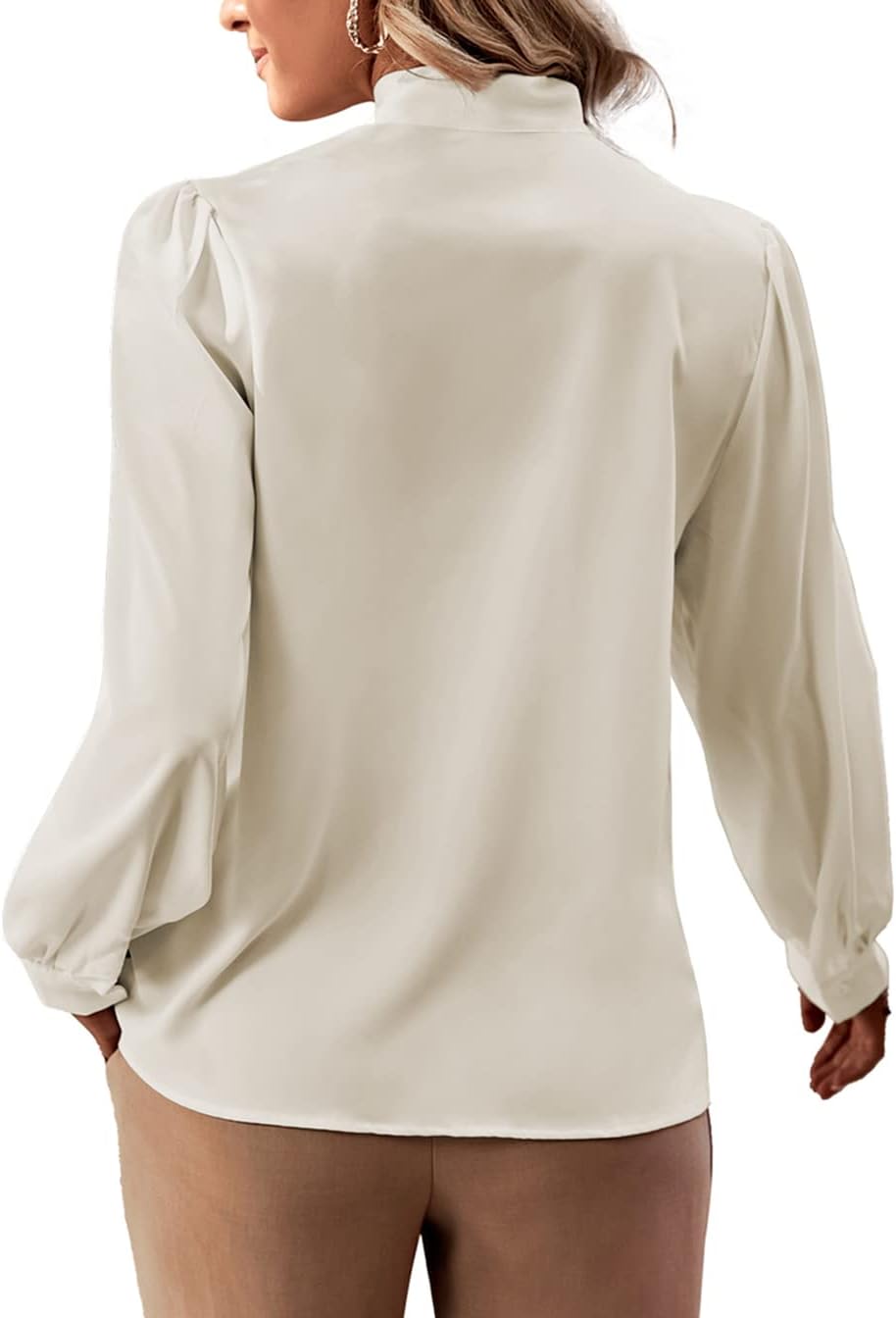 Rooscier Women's Bow Tie Neck Long Sleeve Buttton Cuff Chiffon Elegant Blouse - Image 2