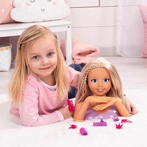 Bayer Design 90025AC Lisa Top Model Frisierkopf Schminkkopf, Puppenkopf mit Haarzubehör, Händen, Make-up, 25 cm, Blond