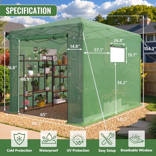 Image of 8X12 FT Pop Up Greenhouse,Greenhouse for Outdoors, Portable Walk-in Greenhouses with Roll-Up Zipper Door, PE Cover Greenhouses for Garden and Backyard, Easy Setup
