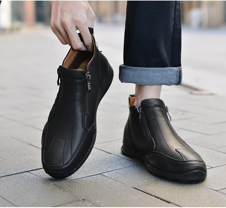 Image of Men's Leather Comfortable Slip on Chukka Ankle Boots Outdoor Lightweight Non-slip Side Zipper Flat Driving Shoes for Walking Hiking