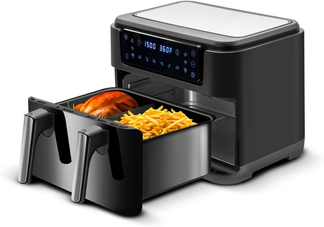 Lumme Air Fryer Toaster Oven Combo with air fry basket containing chicken and fries