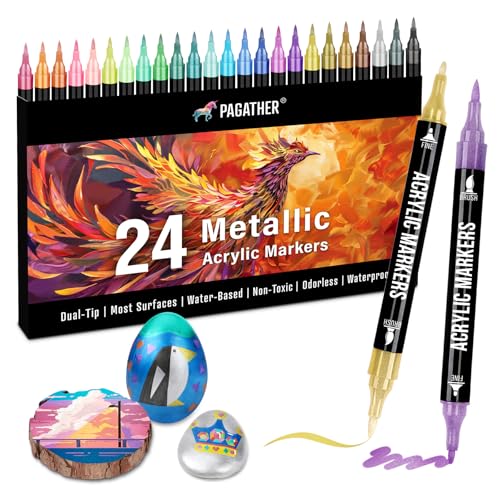 Pagather 24 Metallic Colors Acrylic Paint Markers, Dual Tip With Fine Tip And Brush Tip Pens For Stone, Wood, Calligraphy, Canvas, Ceramic, Metal, Glass, Rock Painting, Diy Crafts