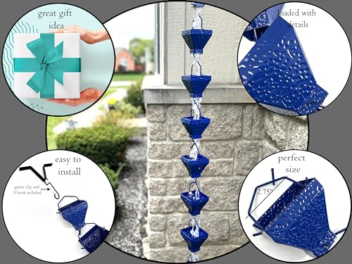 Rain Chains, Roof Gutter Downspout/Spout Channel, Rainwater Water Catcher/Diverter, 8.5 feet Length, Metal, Blue Powder Coated, Texture Square, Modern, 5517BLU - Image 6