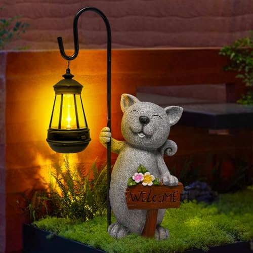 HDNICEZM Solar Cat Outdoor Statues for Garden Solar Lantern Resin Statue for Outside Balcony Garden Decor Gift for Grandma Women 18 * 5.58 * 9 inch (Gray Lantern Cat)
