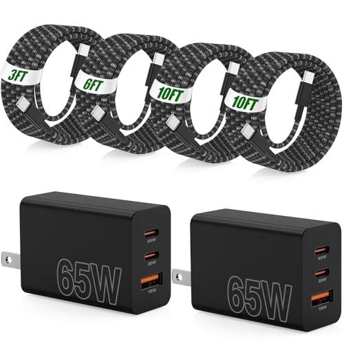65W Super Fast Charger Type C for Samsung,3 Port 100W PD Quick Charging 3.0 USB C Block & 3/6/10/10FT Braided Type C Cord for Samsung Galaxy S26 Ultra/S26/S25 Ultra/iPhone 17 Pro/MacBook Pro/Air
