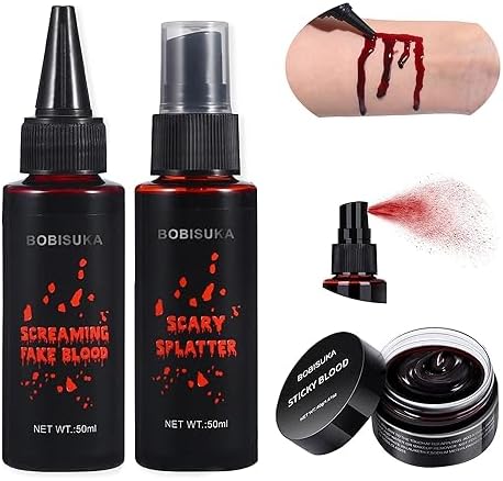 BOBISUKA 3PCS Halloween Fake Blood Makeup Kit - Coagulated 1.41oz + Spray 1.76oz + Dripping 1.76oz, Realistic Washable SFX Makeup for Zombie Monster Mouth Clothes Dress Up