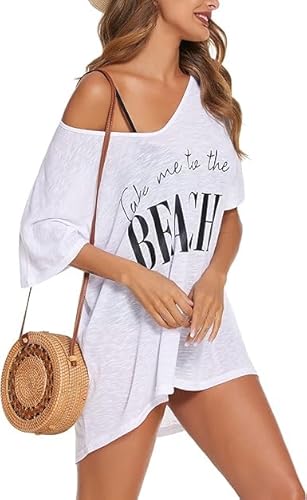 Ekouaer Damen Strandkleid Bikini Cover Up Sommer Strandponcho Bademode V-Ausschnitt Strand Lose Vertuschen Shirt mit Drucken S-XXL,Weiß,L