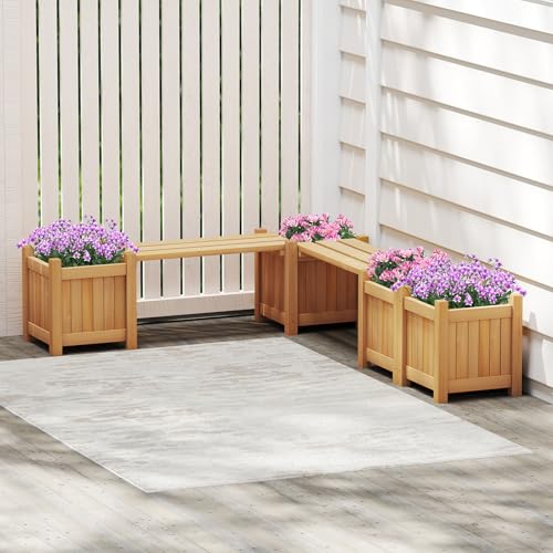 TANGZON Wood Planter Box with Bench, Raised Garden Bed with Seat & Open-ended Base, Outdoor Flower Planter Kit Patio Decor Bench for Garden Yard Balcon (Natural,2 Planter Box, 105 x 26 x 30 cm) - Image 5