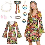CHENBOOW Disfraz Hippie,7 Piezas Disfraz Hippie Mujer,Hippie Costume Set,Conjunto de Disfraz Hippie de los Años 60 y 70 para Mujer,Disfraces Hippies,para Fiestas,Carnaval,Disfraces de Halloween