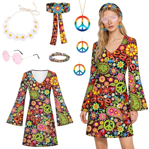 CHENBOOW Disfraz Hippie,7 Piezas Disfraz Hippie Mujer,Hippie Costume Set,Conjunto de Disfraz Hippie de los Años 60 y 70 para Mujer,Disfraces Hippies,para Fiestas,Carnaval,Disfraces de Halloween