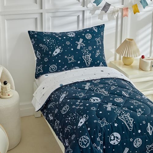 Image of 4 Pieces Toddler Bedding Set for Boy,Space Toddler Bed Comforter Set,Soft and Breathable Microfiber Crib Sheet Set,Includes Quilted Comforter, Flat Top Sheet, Fitted Sheet, Envelope Pillow Case -Blue