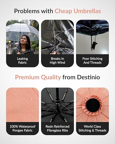Image of Destinio Umbrella for Man - Large Size, Fully Automatic, Windproof Fibreglass Ribs, UPF 50+ Sun Protection, Premium 210T Pongee, Foldable Travel Umbrella for Rain for Men and Women - 3 fold Compact Easy to Carry (Auto open auto close)