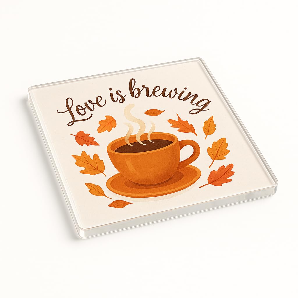 The Plum Penguin Autumn Brew Love Acrylic Coaster Gift - Whimsical Coffee Cup Design With Falling Leaves For Home Decor
