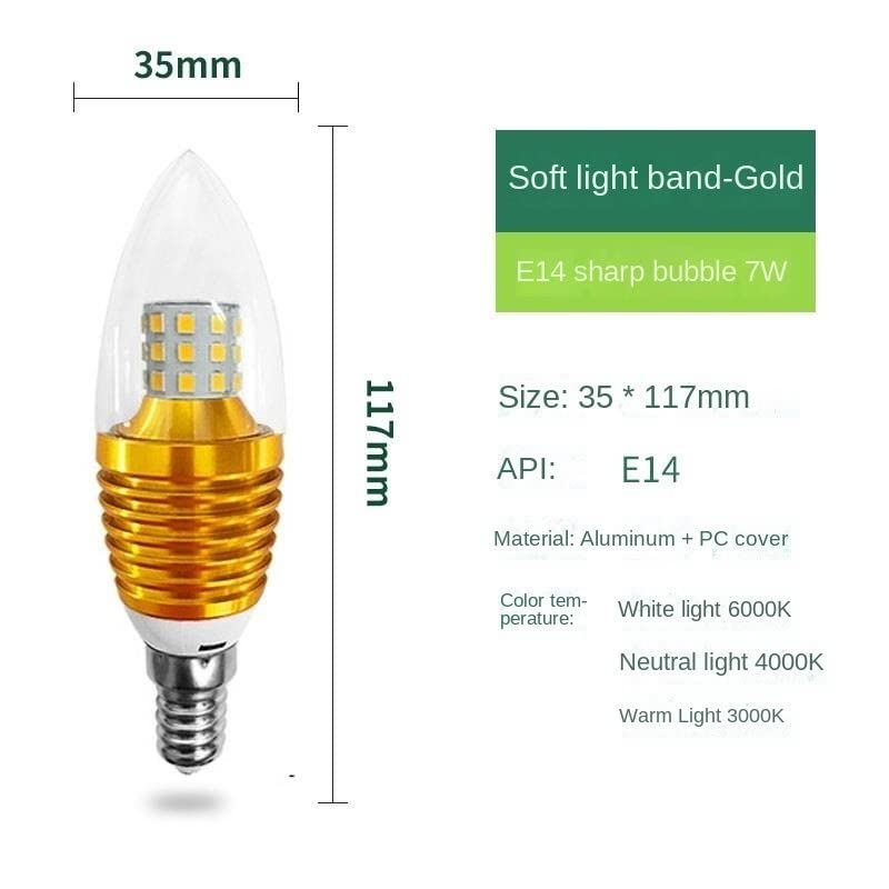 Luz del hogar 20 unids/lote bombilla de vela LED dorado/plateado E14 tornillo maíz luz araña de cristal fuente de luz(Tri-colour,E14 Golden-C 7W)