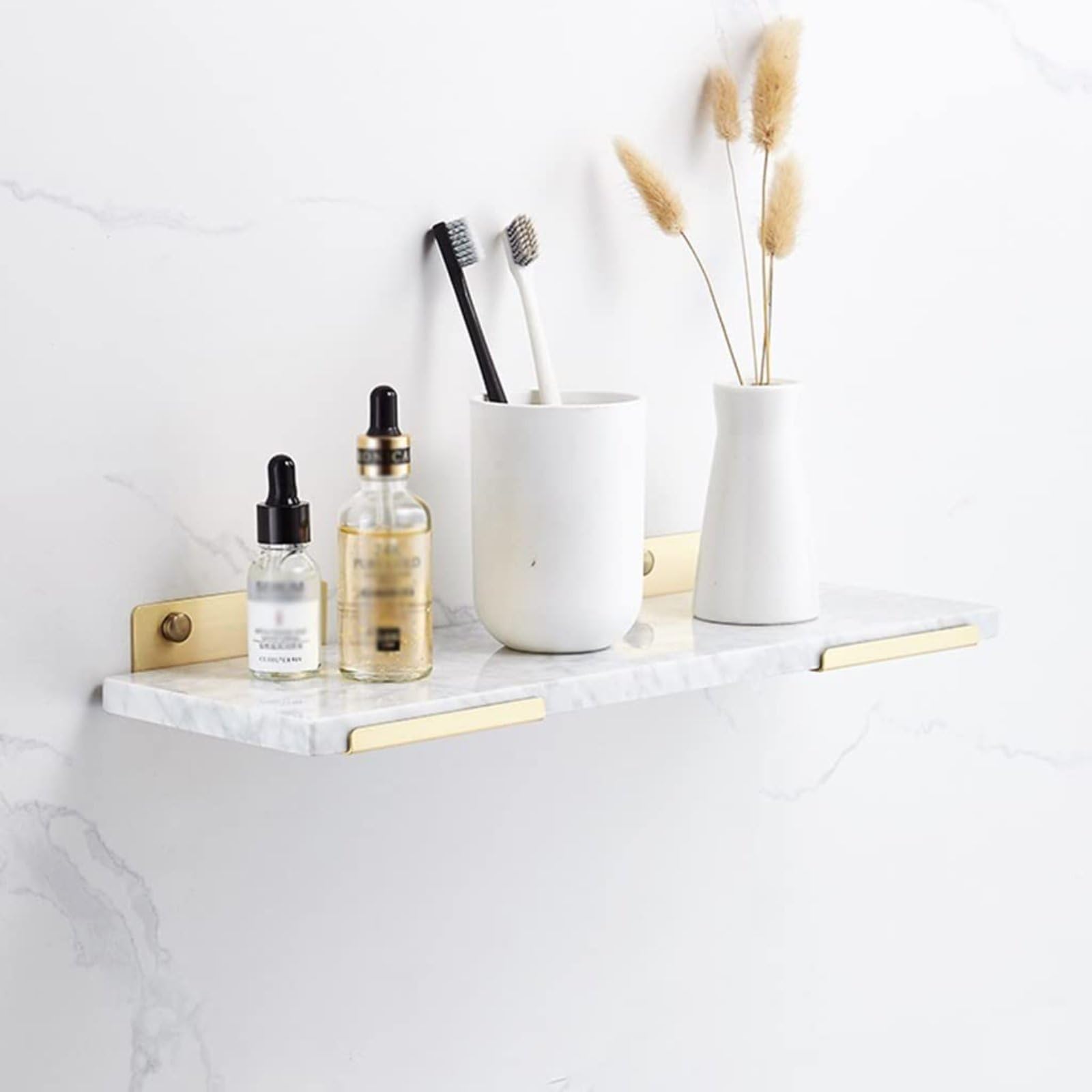 BAOTEDSL Shower Caddy Floating Shelves Nordic Light Brass Brushed Bathroom Shelf Rack Marble Shelves Wall Mounted Shampoo Cosmetics