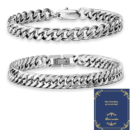 XIANNVXI 19cm Silber Armband Herren Edelstahl für Männer, Kubanische Schmuck Set, 8mm (2 Stück) - Geschenke für Papa, Ehemann