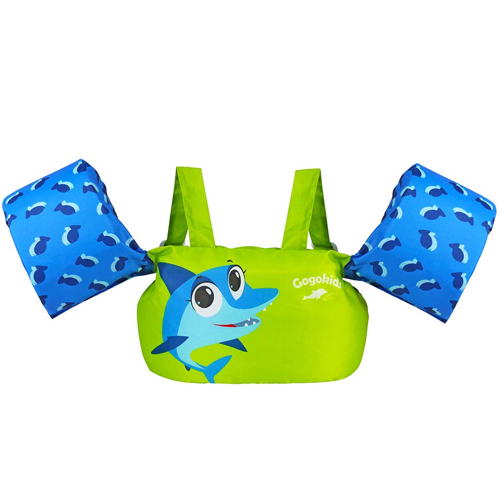 Gogokids Toddler Life Jacket, Children Swimming Pool Float with Arm Wings, Kids Swim Vest with Shoulder Harness for 30-50 lbs Infant/Baby/Toddler (Green Shark)