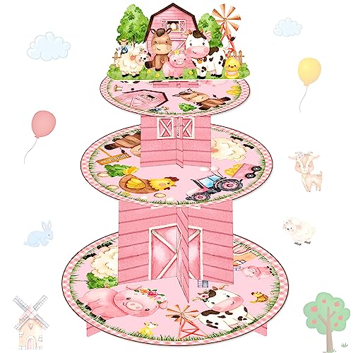 Pink Farm Animals Cupcake Stand 3 Tiers Farm Birthday Party Tower Barnyard Party Stand Holder Farm Animals Party Decorations for Farmhouse Baby Shower Supplies