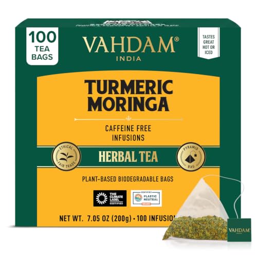 VAHDAM, Turmeric Moringa Tea Bags (100 Herbal Tea Bags) Caffeine Free, Non GMO | 100% Pure Herbal Blend - Sweet &amp; Earthy | Resealable Ziplock Pouch
