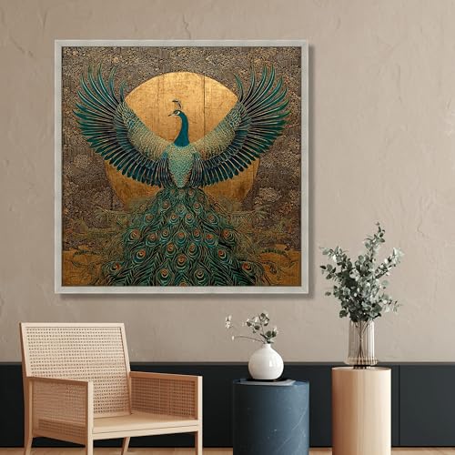 Tableau paon majestueux pour salon moderne toile doreé 45x45 cm - 4