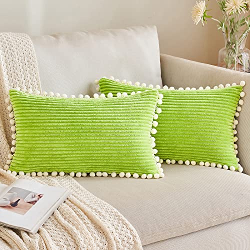 ANRODUO Pack of 2 Grinch Green Christmas Boho Decorative Pillow Covers with Pom-poms 12x20 Pillow Cover Corduroy Cushion Case Cute and Soft Rectangle Throw Pillows for Bed Couch Sofa Living Room Home