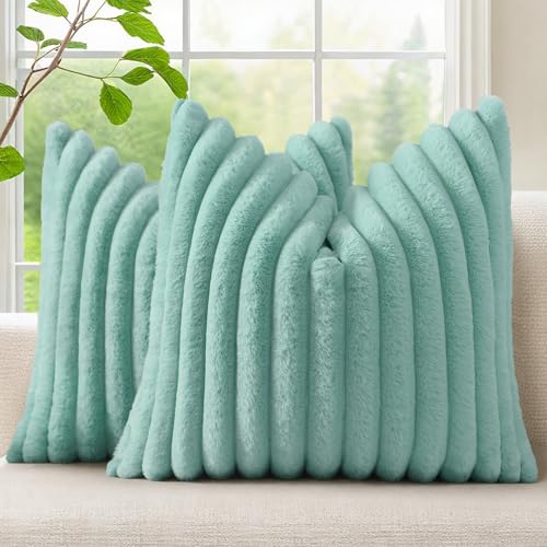 Image of decorUhome Fall Cozy Faux Fur Throw Pillow Covers 22x22 Set of 2 Decorative Soft Plush Striped Modern Farmhouse Boho Couch Euro Sham Pillow Cases with Velvet Back for Sofa Bed Living Room, Aqua