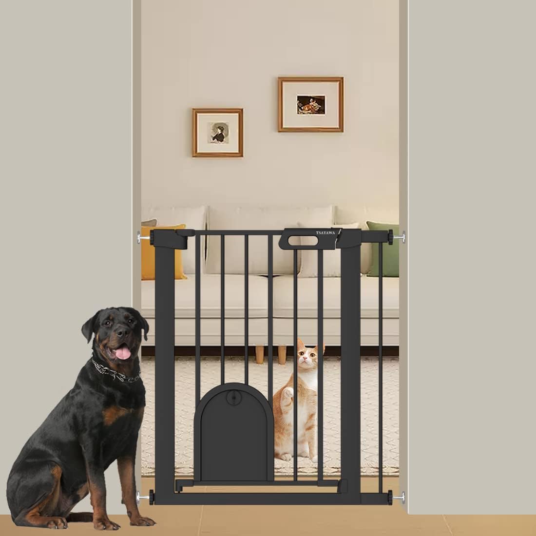 Narrow Baby Gate with Cat Door Walk Through 24.5" to 29.5" Wide Small Pet Gate for