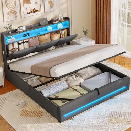 AOGLLATI Polsterbett 140×200 mit Steckdosen und LED-Beleuchtung, Doppelbett mit Stauraum Kopfteil, Bett 140×200 mit Hydraulische Stauraum und...