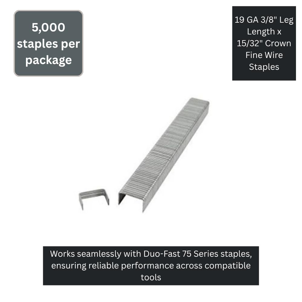 Complete C-7512D, 19 GA 3/8" Leg Length x 15/32" Crown Fine Wire Staples, 5000 per Package, Similar to Duo-Fast 75 Series Staples, Divergent Point Galvanized, for Installing Carpet Padding