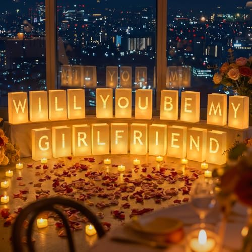 Image of Will You Be My Girlfriend Light Up Letters Luminary Bags, Banner, Romantic Decoration Kit with 30PC Bright LED Candles and 2000PC Fake Rose Petals