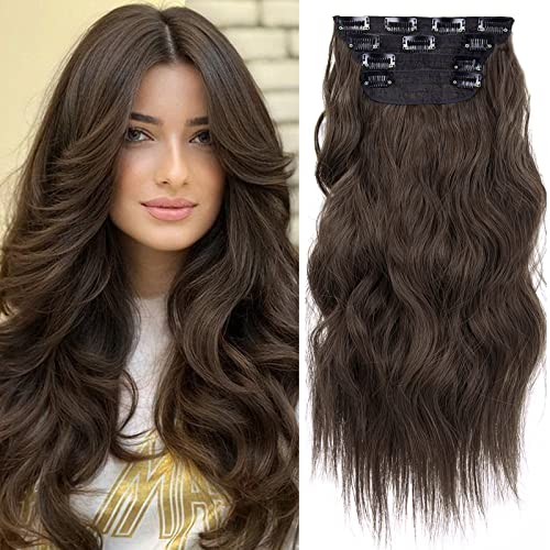 Double Weft Synthetic Hair Extension 4PCS Thick Hairpieces Clip in Long Wavy Hair Extensions Chestnut Brown 20 Inch (4pcs, 20Inch, 8/10#)