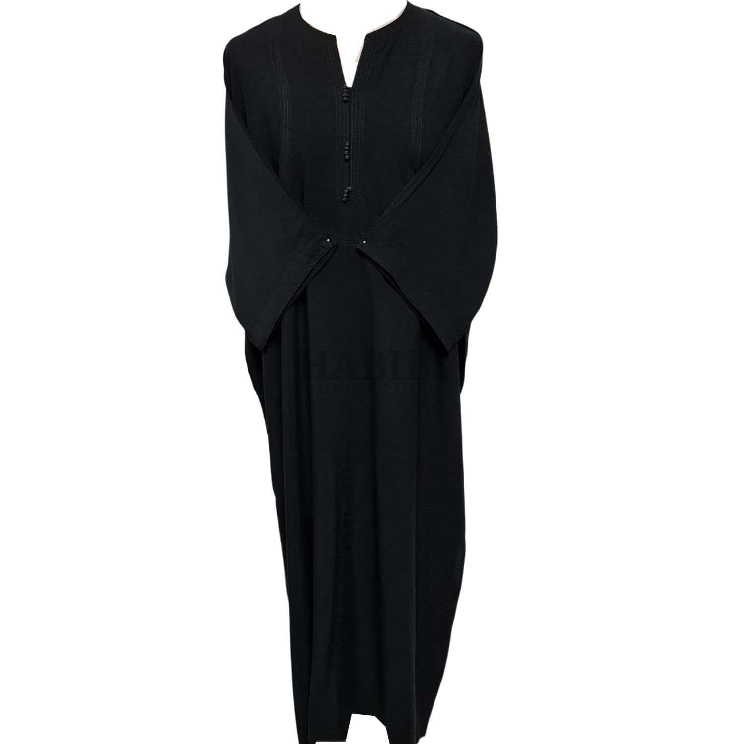 Size 53 Men Black 3 Quarter sleeves cotton VNeck thobes jubba.dishdasha Kandorah-30" Chest If Laid Flat-One Side Pocket/Other Side Pocket Slit/Hole-Made In Morocco, Black, 52