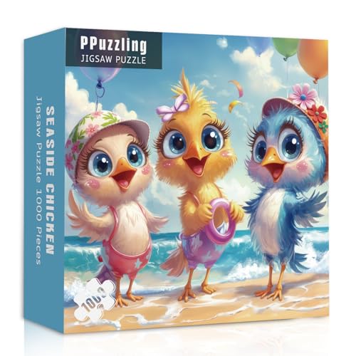 Beach Chicken Puzzles para adultos 1000 piezas, rompecabezas familia pollo de acción de gracias, colorido rompecabezas de animal lindo para arte de pared
