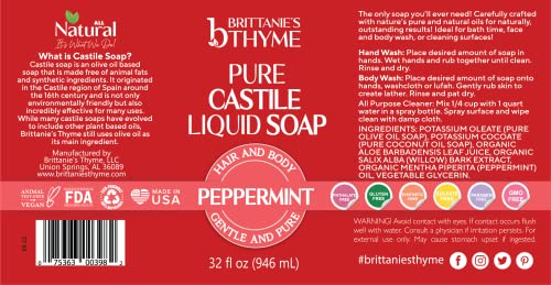 Brittanie's Thyme Pure Castile Liquid Soap Refill, 32 Ounce Peppermint | For Hair & Body, Gentle And Pure, Made With Natural Luxurious Oils, Vegan & Gluten Free Non-Gmo #TOP1