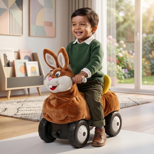 Image of Toyzone Little Soft Rabbit Ride on | Cloth-Covered Ride On Toy with Wheels | Back Support | Indoor & Outdoor Ride-On for Toddlers 1-4 Years
