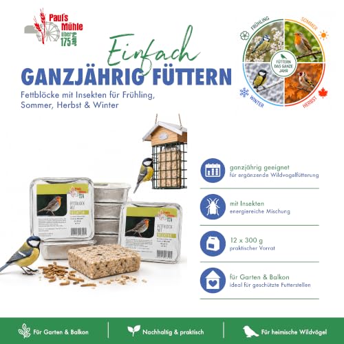 Paul´s Mühle - 12 x 300 g Fettblock mit Insekten für Vögel & Wildvögel
