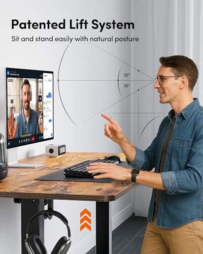 Image of FEZIBO Height Adjustable Electric Standing Desk, 120 * 60cm Stand up Table, Sit Stand Home Office Desk with Splice Board, Black Frame /Rustic Brown Top