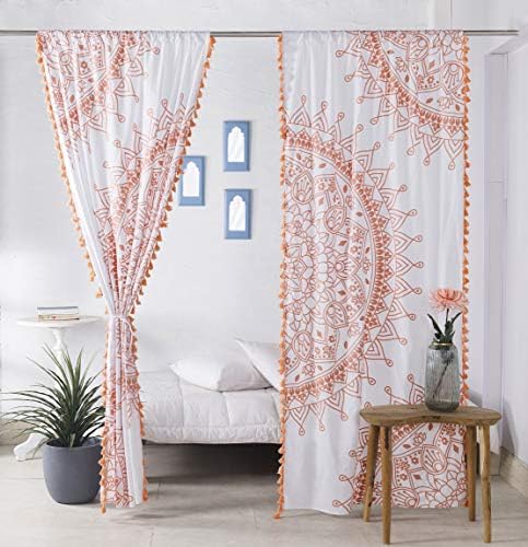 Madhu International Boho Tassel Curtains Mandala Curtains White Rose Gold Tapestry Curtains for Windows, Living Room, Bedroom - Set of 2 Panels Bohemian Curtains - Cotton Curtains - 41” W X 87” L