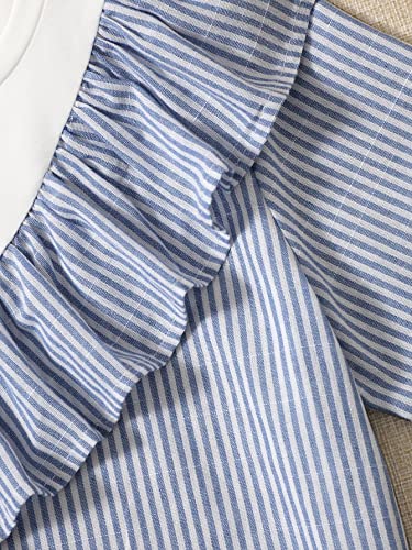 Image of OYOANGLE Girl's Colorblock Striped Print Ruffle Trim Short Sleeve T Shirts Round Neck Casual Shirt Tops Blue and White 8Y