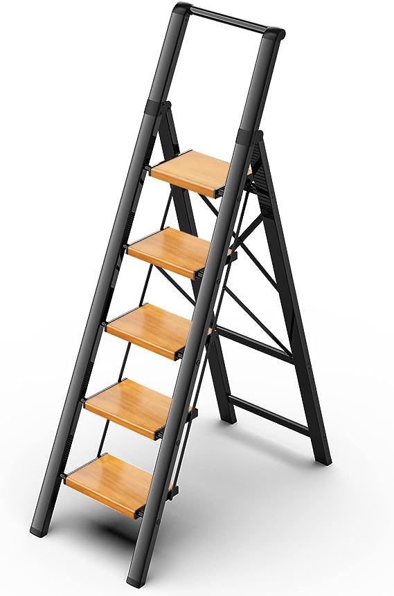 5 step ladder, lightweight folding step stool with anti-slip aluminum wide pedal& convenient handgrip, 330lbs capacity steel ladder for household and office (black&woodgrain) 1
