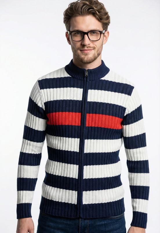 Mock-Neck Striped Full-Sleeve Full-Zip Sweater for Men [Ribbed-Knit Pullover]-image-1