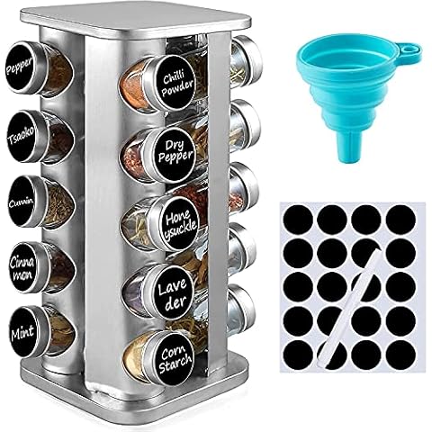 defway Spice Rack Organizer for Cabinet - Stainless Steel Seasoning Organizer for Kitchen with Reuseable Labels and Funnel, 20 Jars (Square) Cover